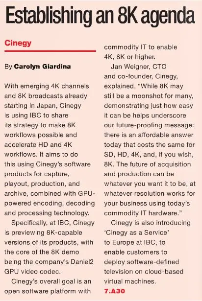 IBC Daily front page featuring Cinegy